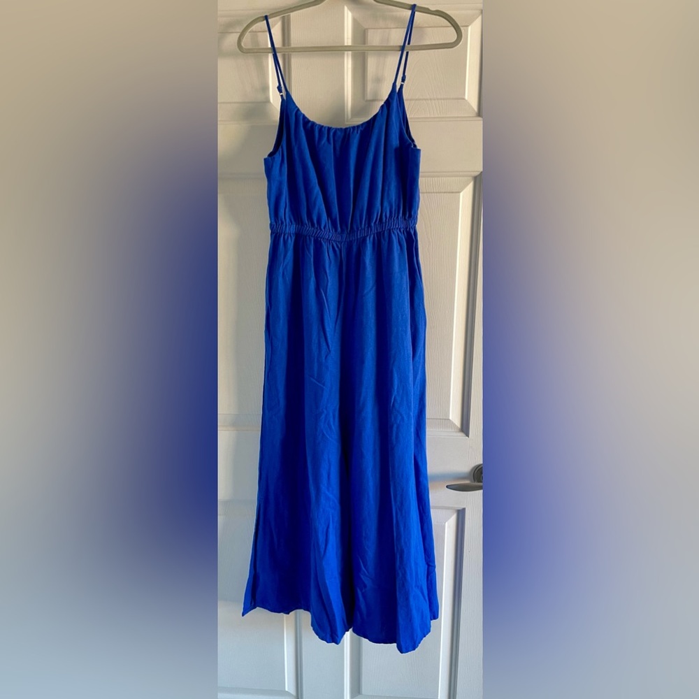 HAUTE HIPPIE STYLE Dazzling Blue Linen Blend Strappy Wide Leg Jumpsuit